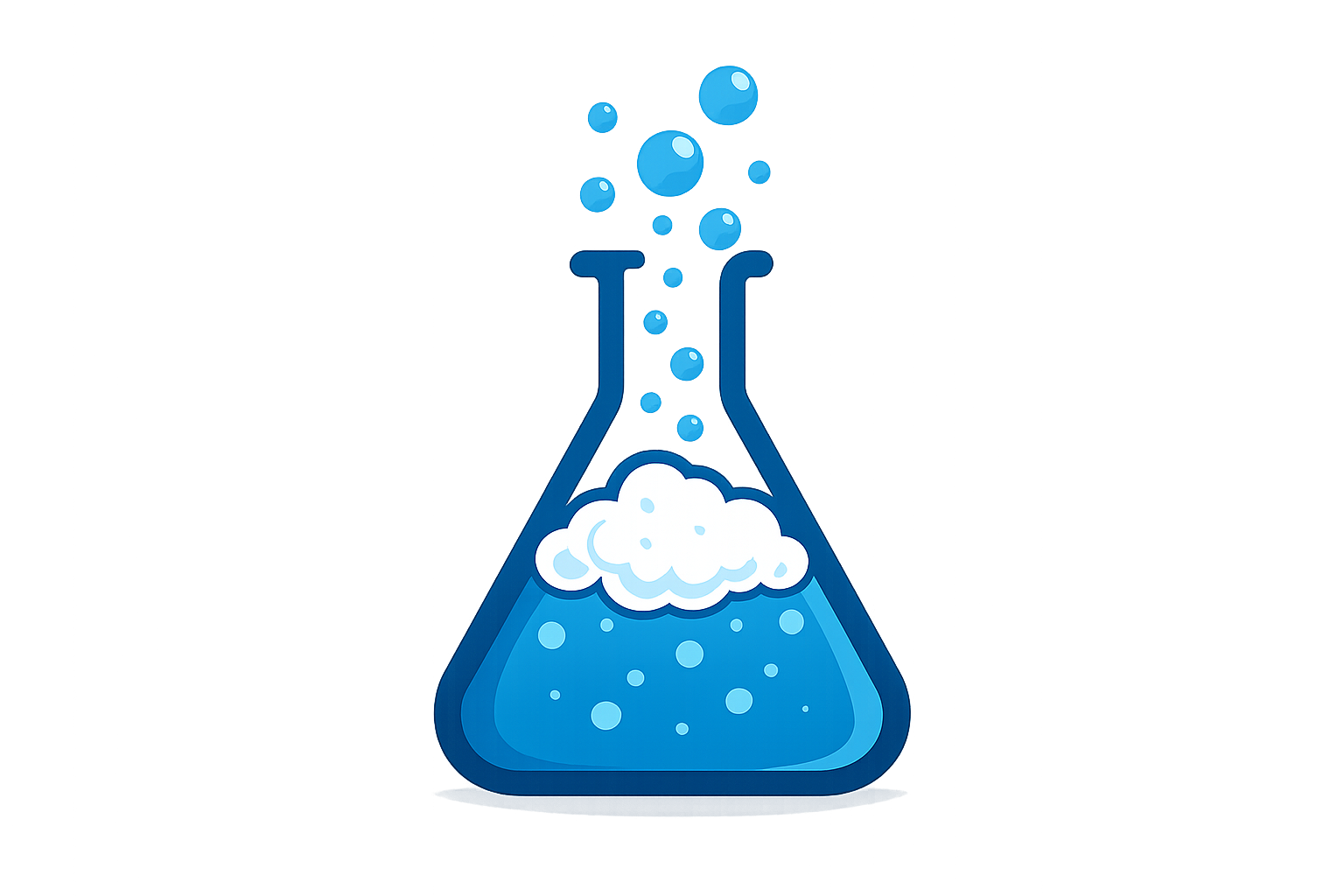 Clean icon showing bubbles or foam formation, chemistry flask with bubbling action, professional blue design