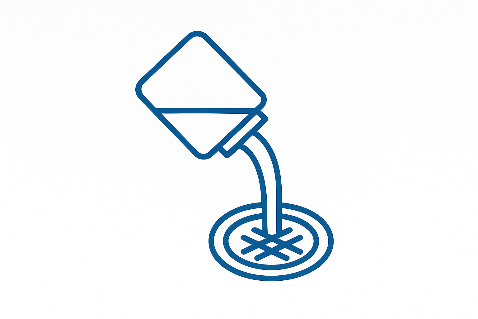 Simple line icon of liquid being poured from container into drain opening, minimal style, blue color
