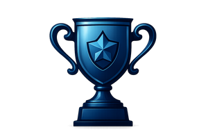 Trophy or award icon representing premium quality, blue design